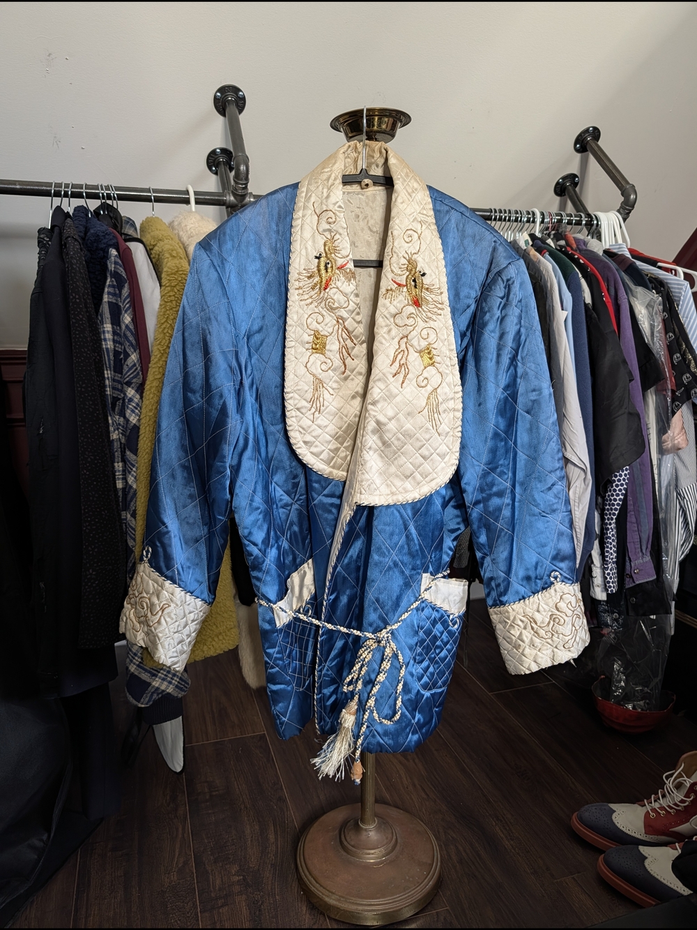 Japanese Vintage Souvenir Smoking Jacket Quilted Satin Embroidered Robe Dragon
